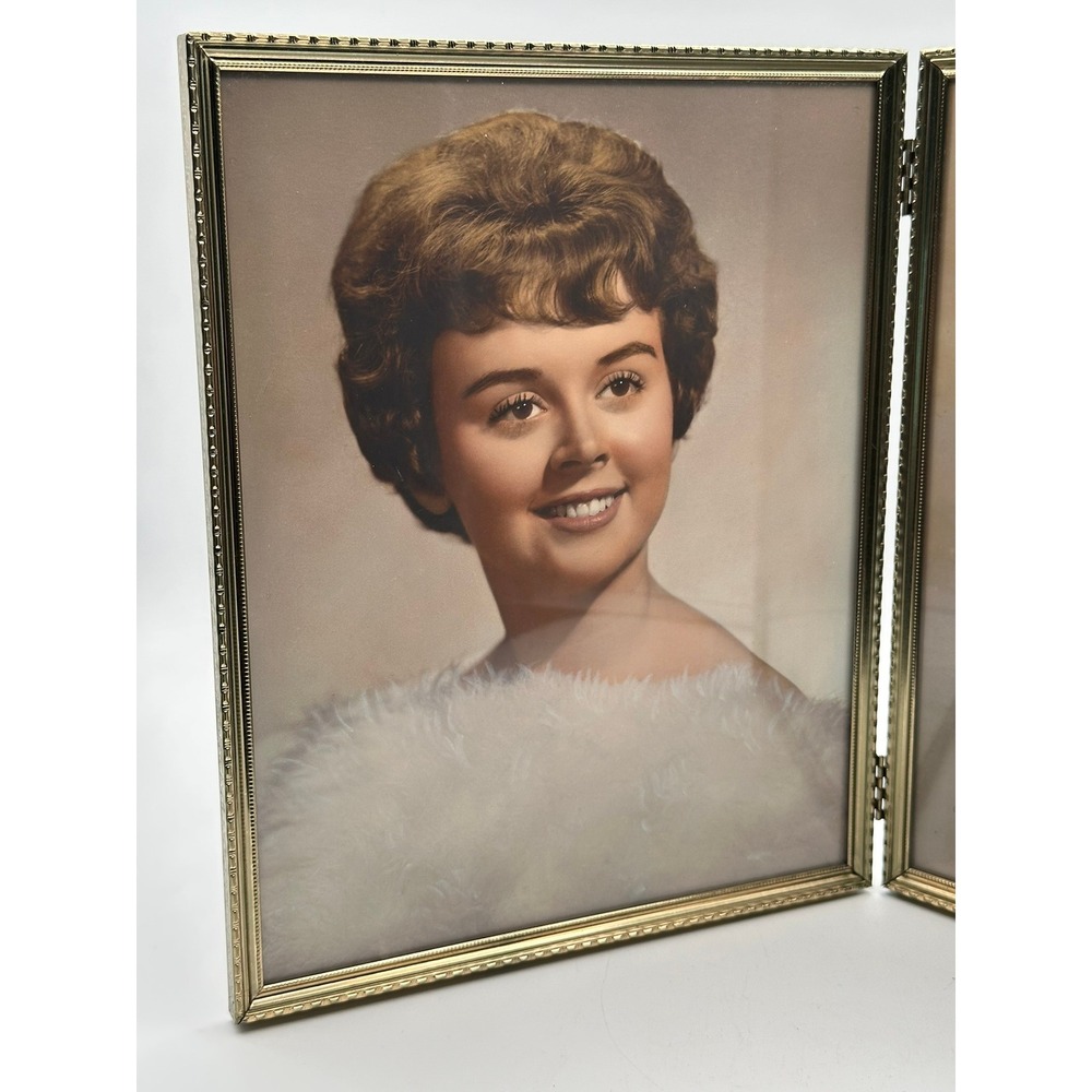 Vintage Gold Metal Double Photo Frame Hinged Folding 8x10 Embossed Trim